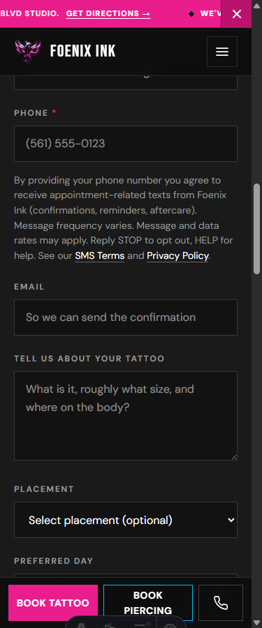 Foenix Ink booking form on a phone: the required Phone field with the SMS disclosure directly beneath it, linking to SMS Terms and Privacy Policy.
