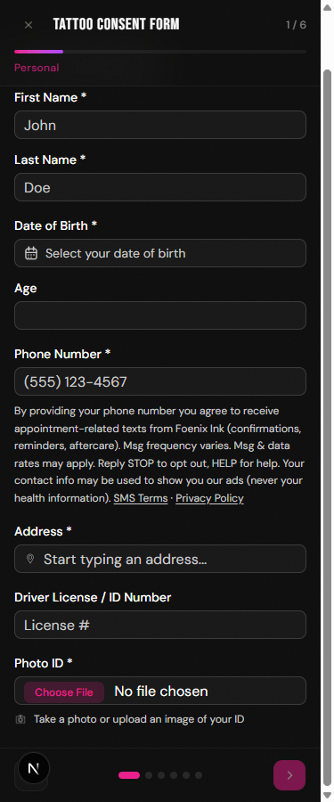 Foenix Ink in-studio consent form on a tablet: the Phone Number field with the contact and SMS disclosure beneath it, linking to SMS Terms and Privacy Policy. Placeholder data only.