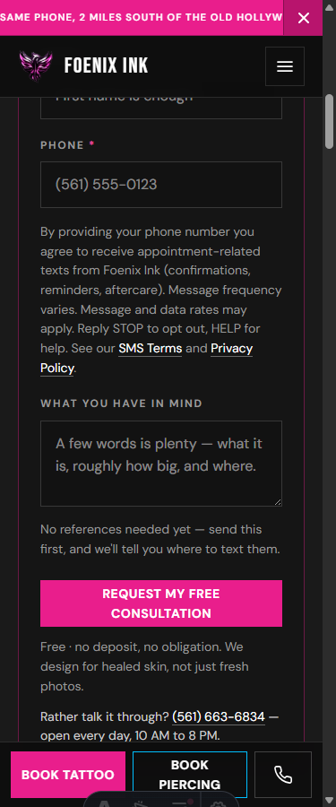 Foenix Ink short booking form on a service page: the required Phone field with the same SMS disclosure directly beneath it.