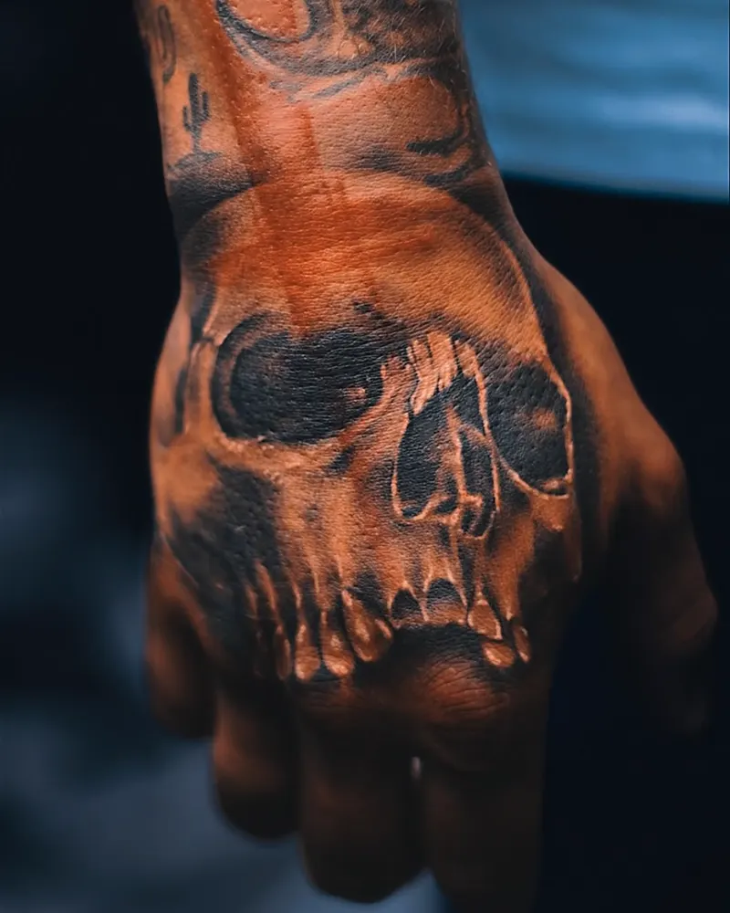 Skull on the hand — color realism tattoo on the hand, by Foenix Ink, Hollywood FL (1/2)