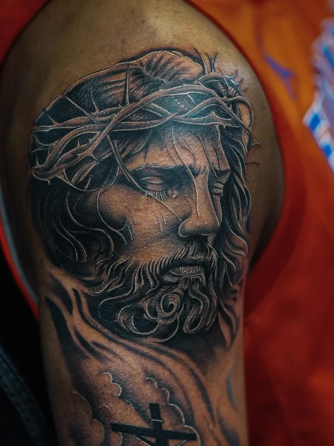 Christ portrait with crosses — black & grey realism tattoo on the full sleeve, by Foenix Ink, Hollywood FL (session 2)