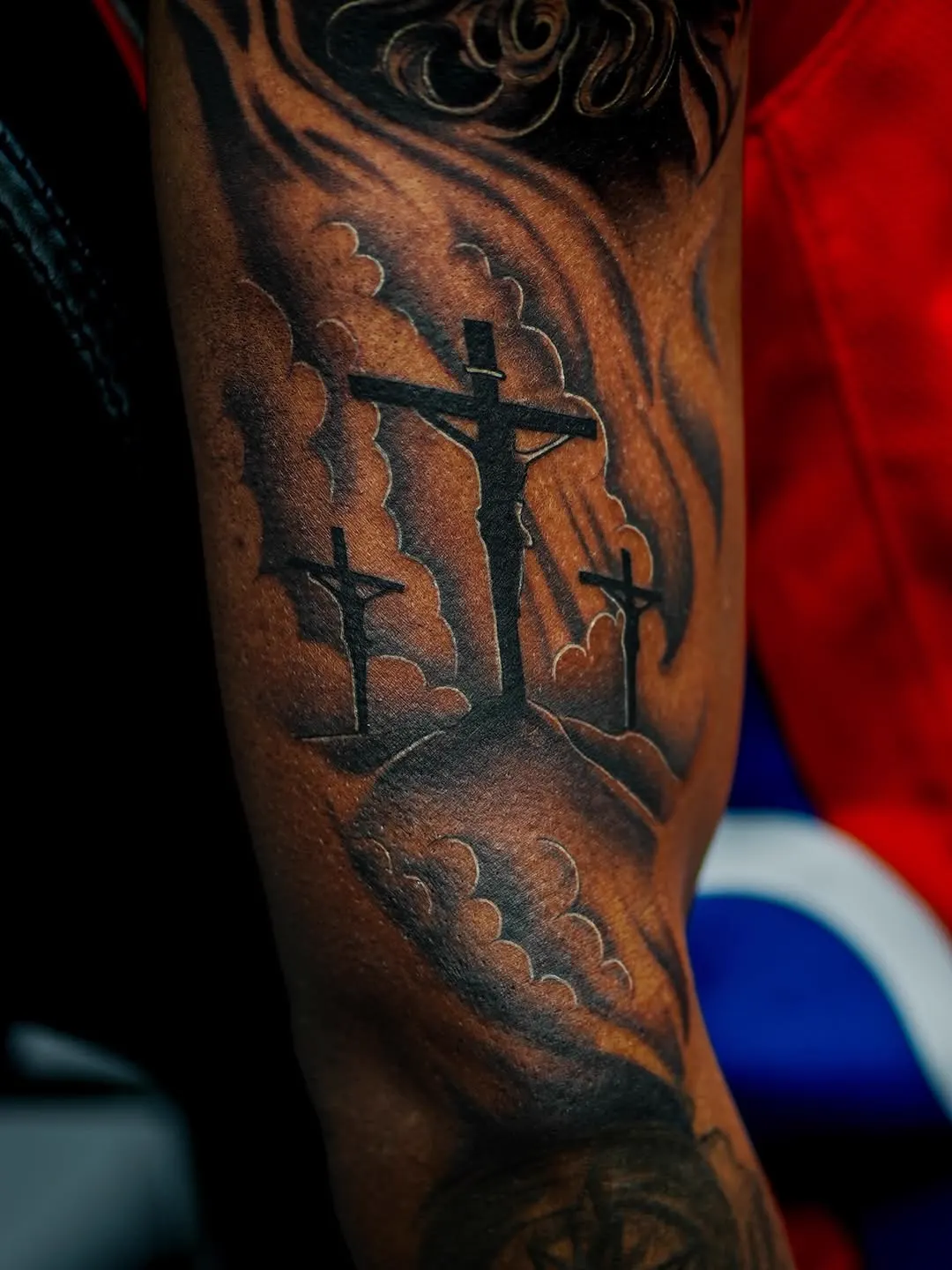 Christ portrait with crosses — black & grey realism tattoo on the full sleeve, by Foenix Ink, Hollywood FL (session 3)