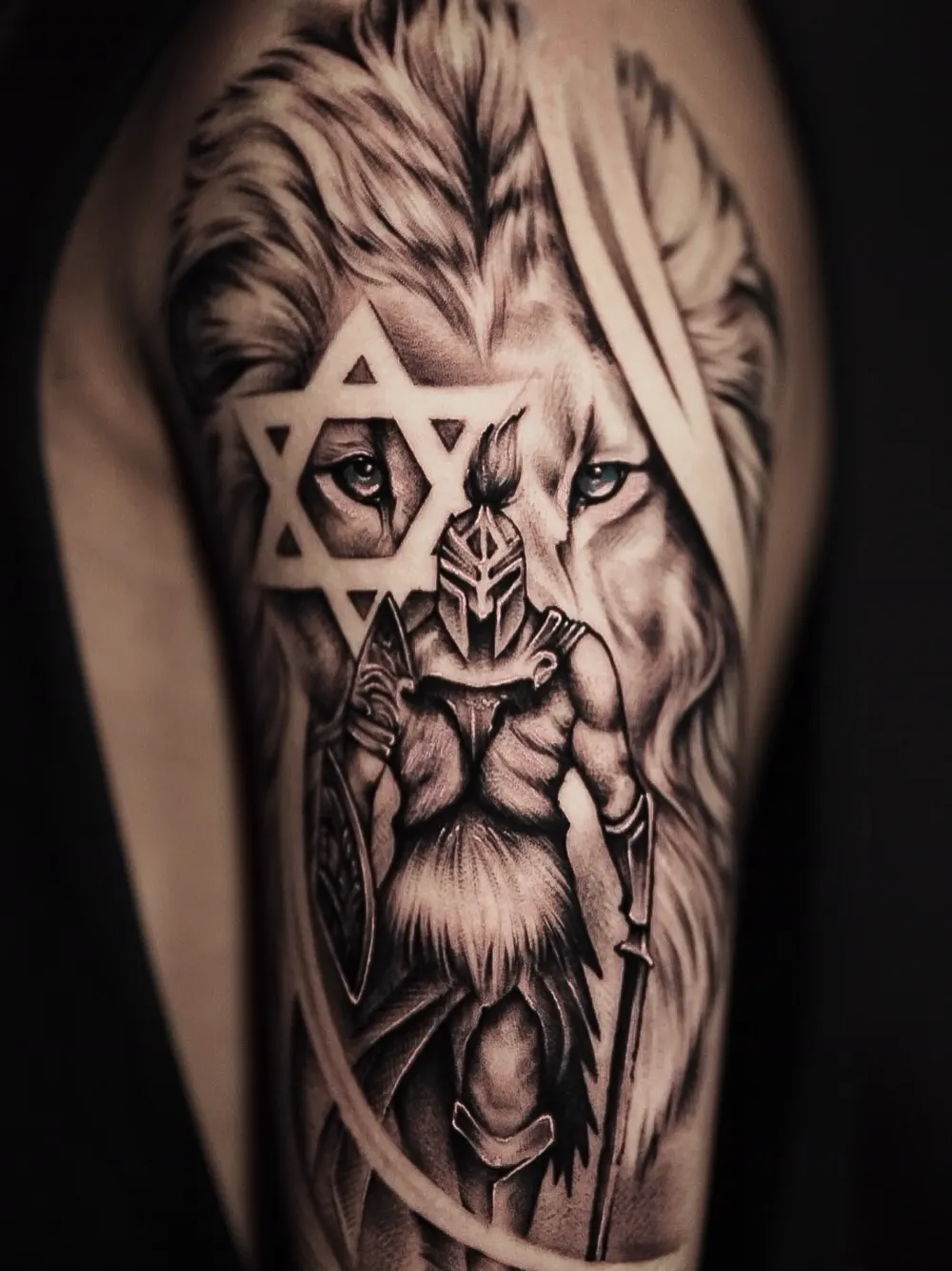 Lion and Spartan warrior with Star of David — black & grey realism tattoo on the upper arm, by Foenix Ink, Hollywood FL (1/2)