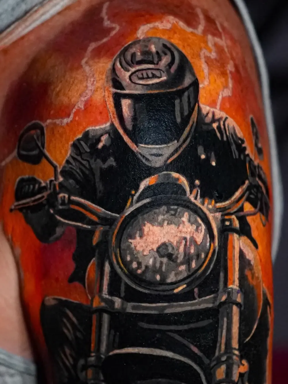 Motorcycle rider — color realism tattoo on the upper arm, by Foenix Ink, Hollywood FL (1/2)