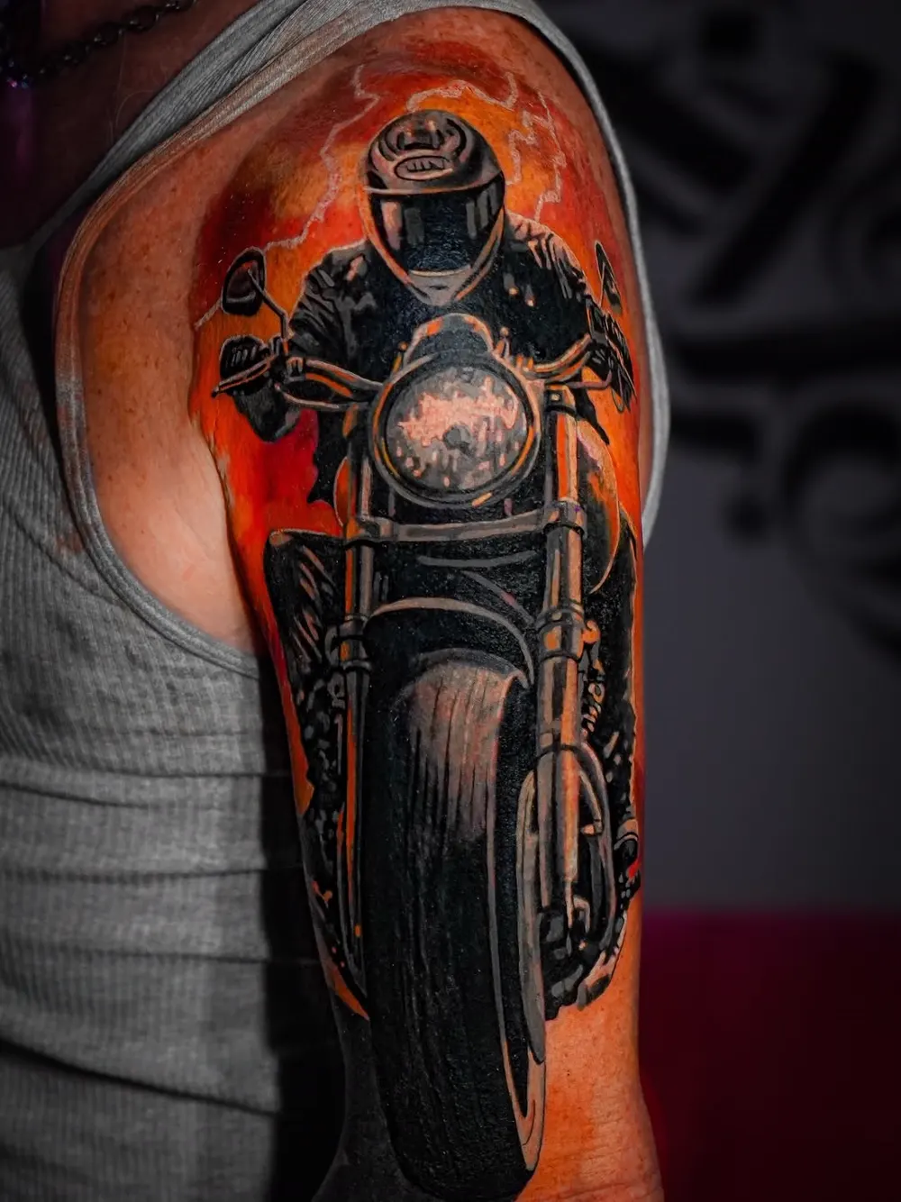Motorcycle rider — color realism tattoo on the upper arm, by Foenix Ink, Hollywood FL (2/2)