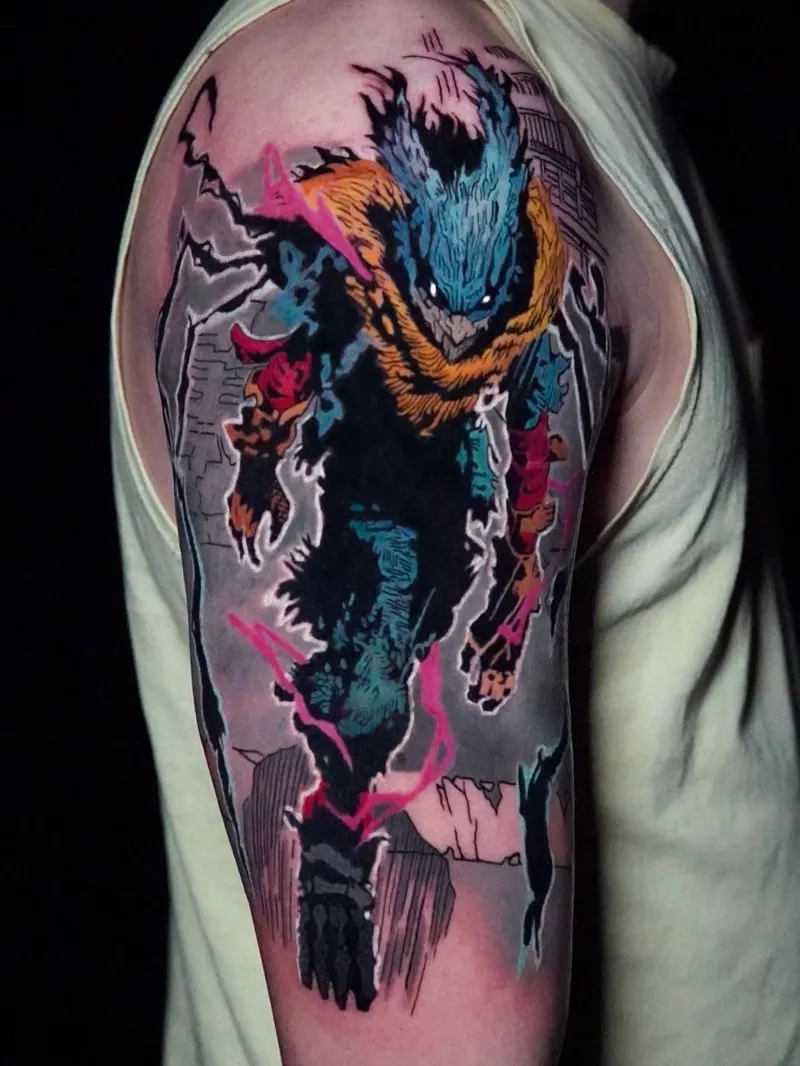 Neon creature — color realism tattoo on the upper arm, by Foenix Ink, Hollywood FL (1/2)