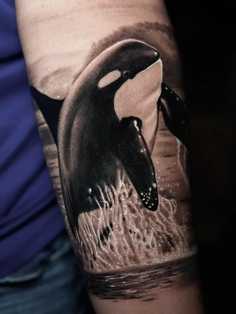 Orca in water — black & grey realism tattoo on the arm, by Foenix Ink, Hollywood FL (1/2)