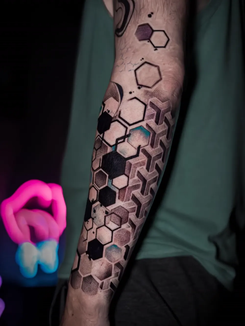 Hexagon honeycomb pattern — blackwork geometric tattoo on the forearm, by Foenix Ink, Hollywood FL (2/2)