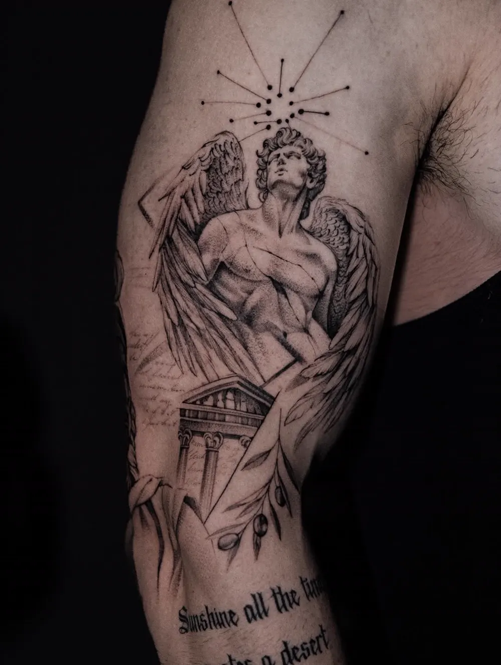 Angel statue and architecture — black & grey realism tattoo on the upper arm, by Foenix Ink, Hollywood FL (1/2)