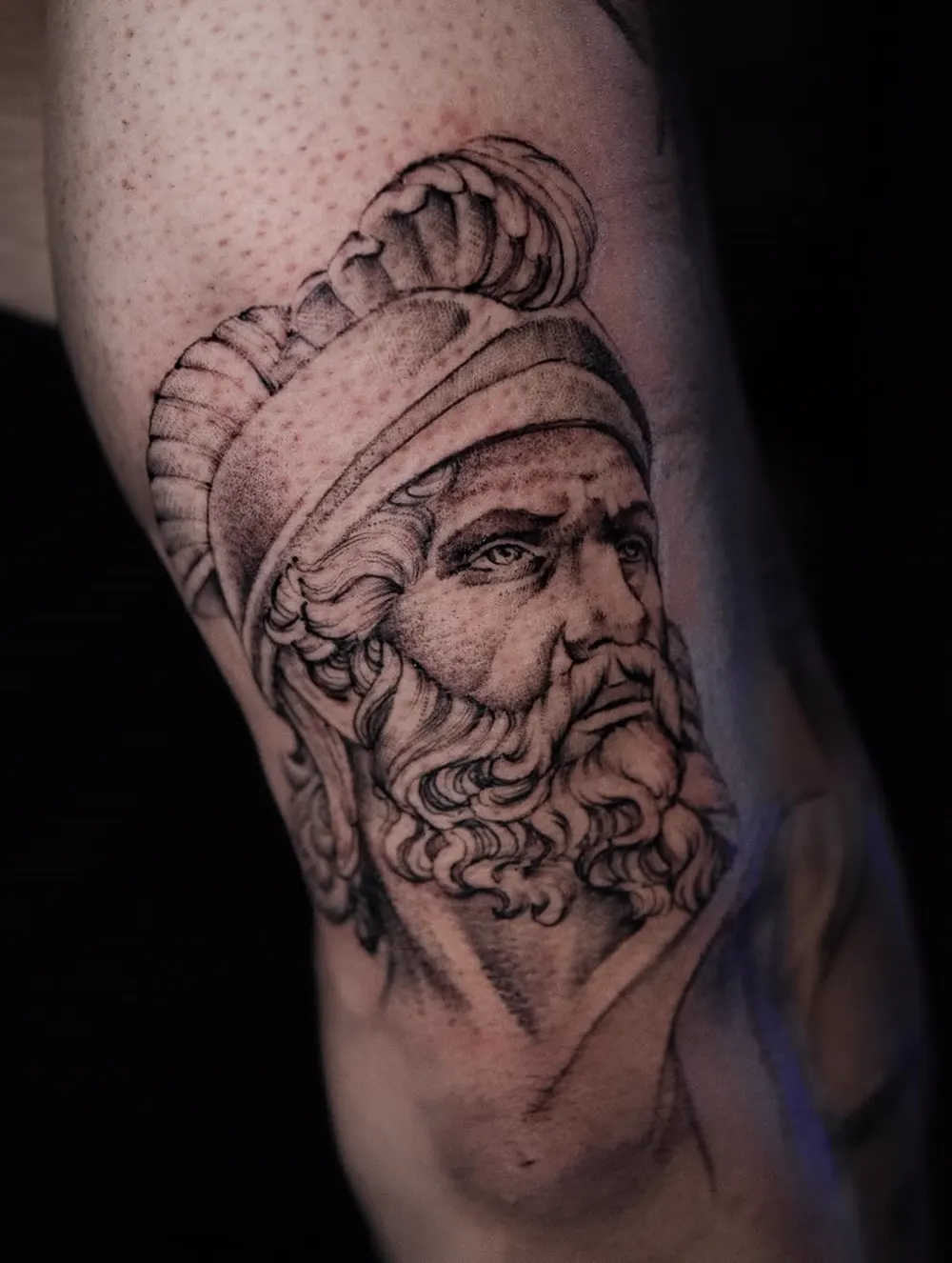 Angel statue and architecture — black & grey realism tattoo on the upper arm, by Foenix Ink, Hollywood FL (2/2)