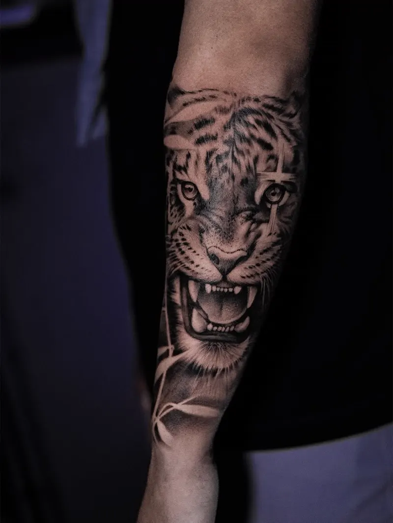 Tiger portrait — black & grey realism tattoo on the forearm, by Foenix Ink, Hollywood FL (1/2)
