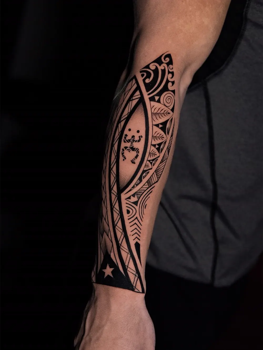 Polynesian tribal with star — blackwork tribal tattoo on the forearm, by Foenix Ink, Hollywood FL (1/2)
