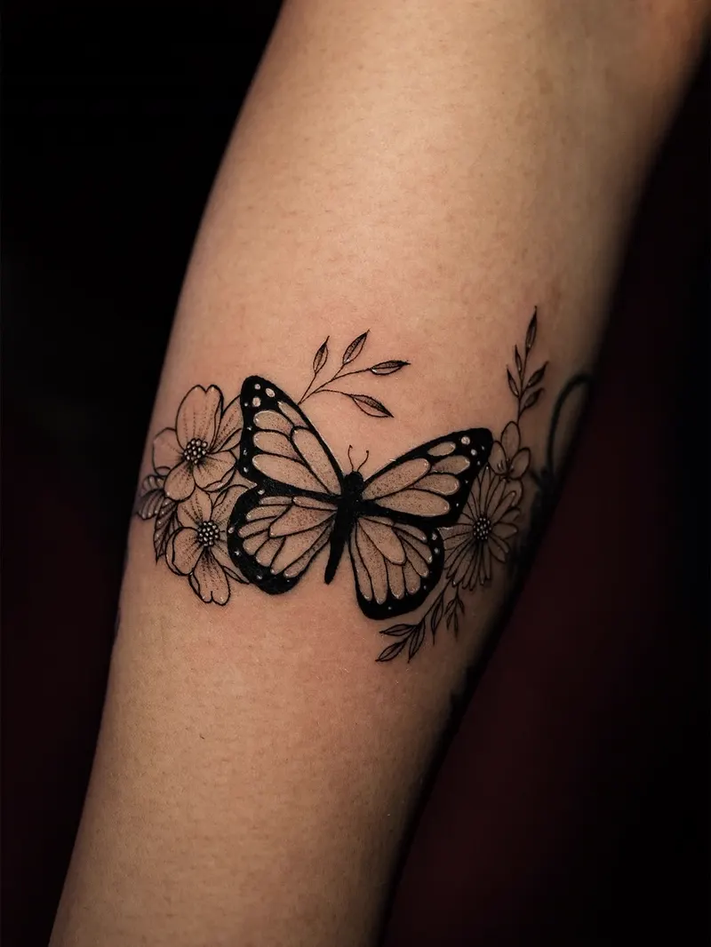 Butterfly and flowers — fine line tattoo on the forearm, by Foenix Ink, Hollywood FL (1/2)