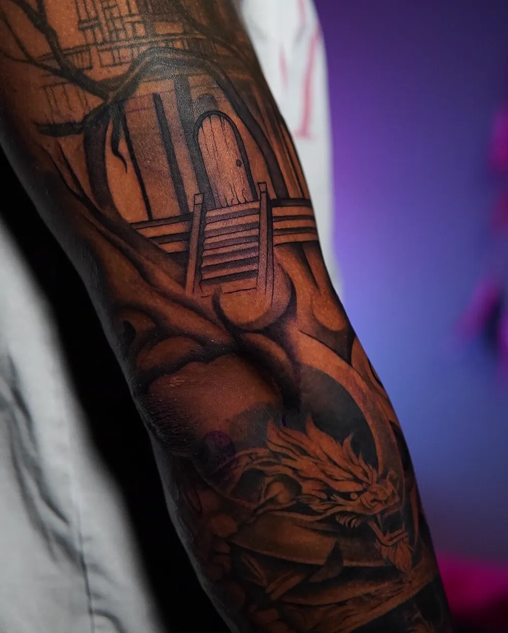 Dragon and oni mask — black & grey realism tattoo on the forearm, by Foenix Ink, Hollywood FL (2/2)