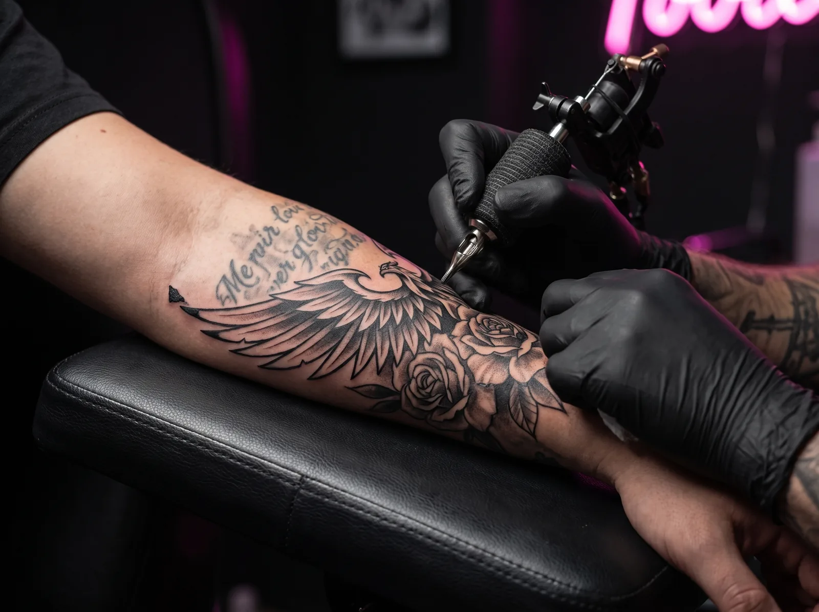 Cover-up tattoo session, new black and grey design worked over older ink