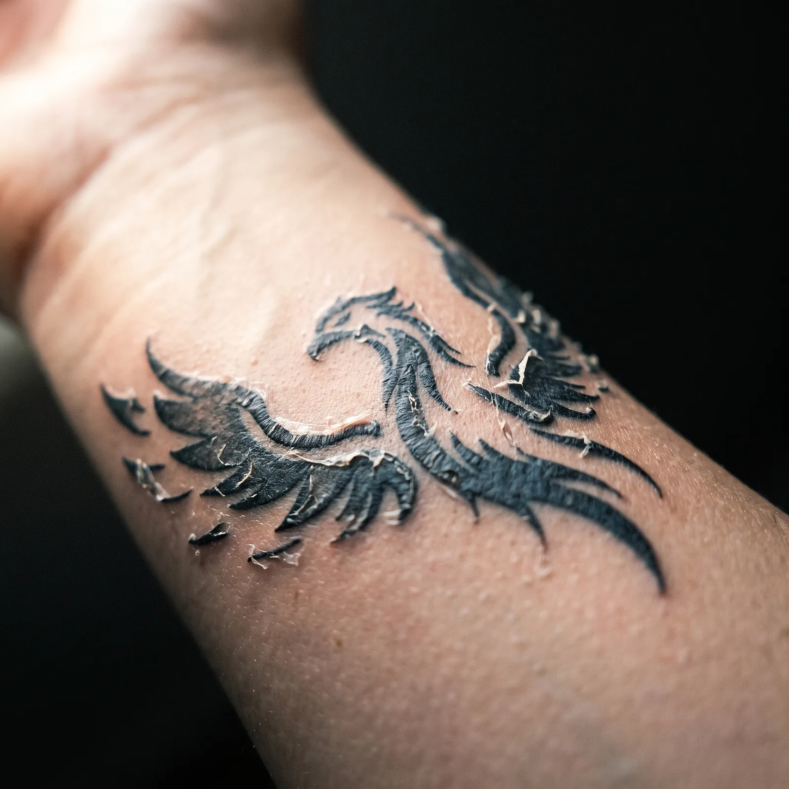 Healing tattoo in the natural peeling stage, days four to seven