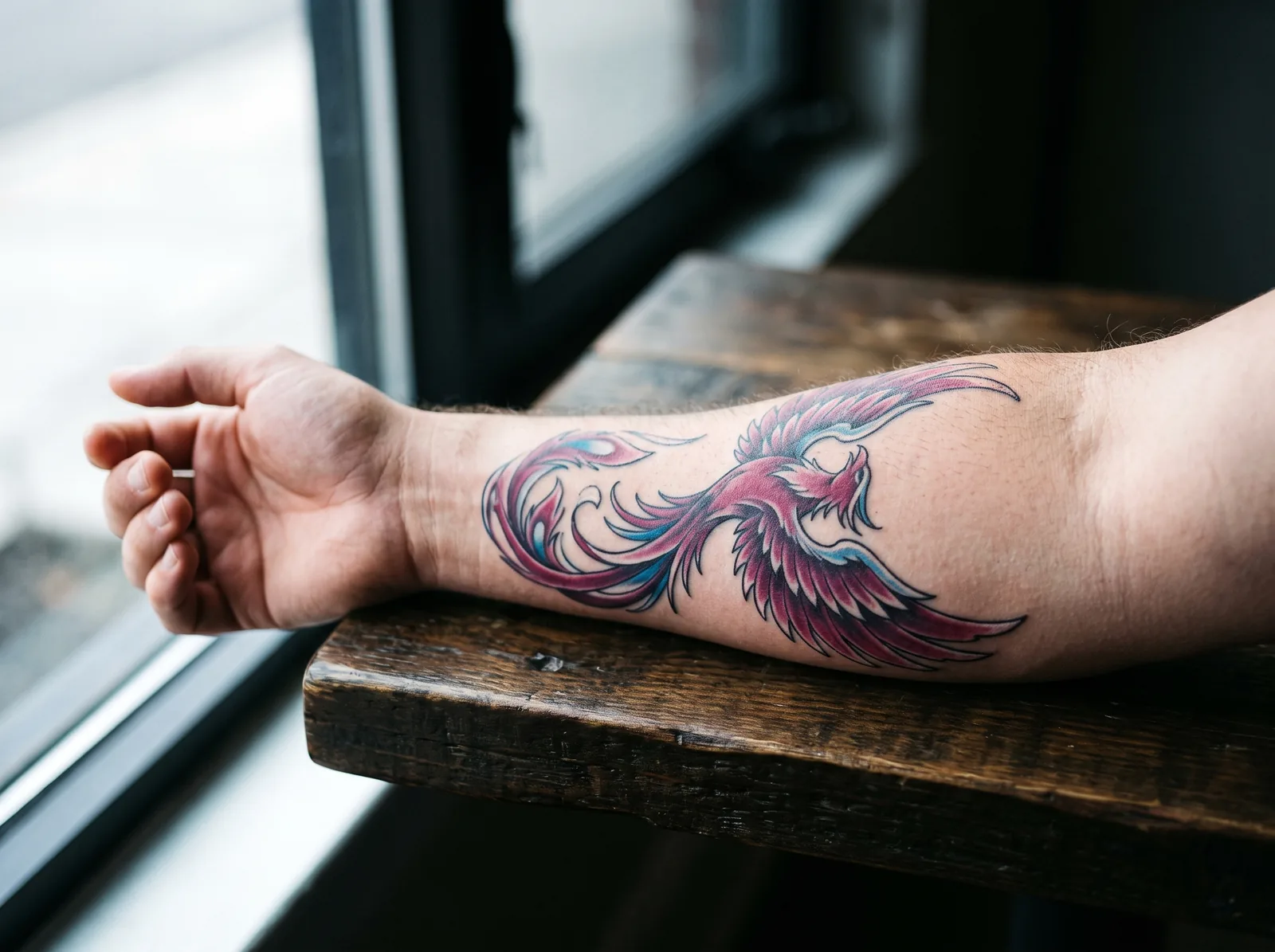 Fully healed color tattoo on a forearm in natural window light