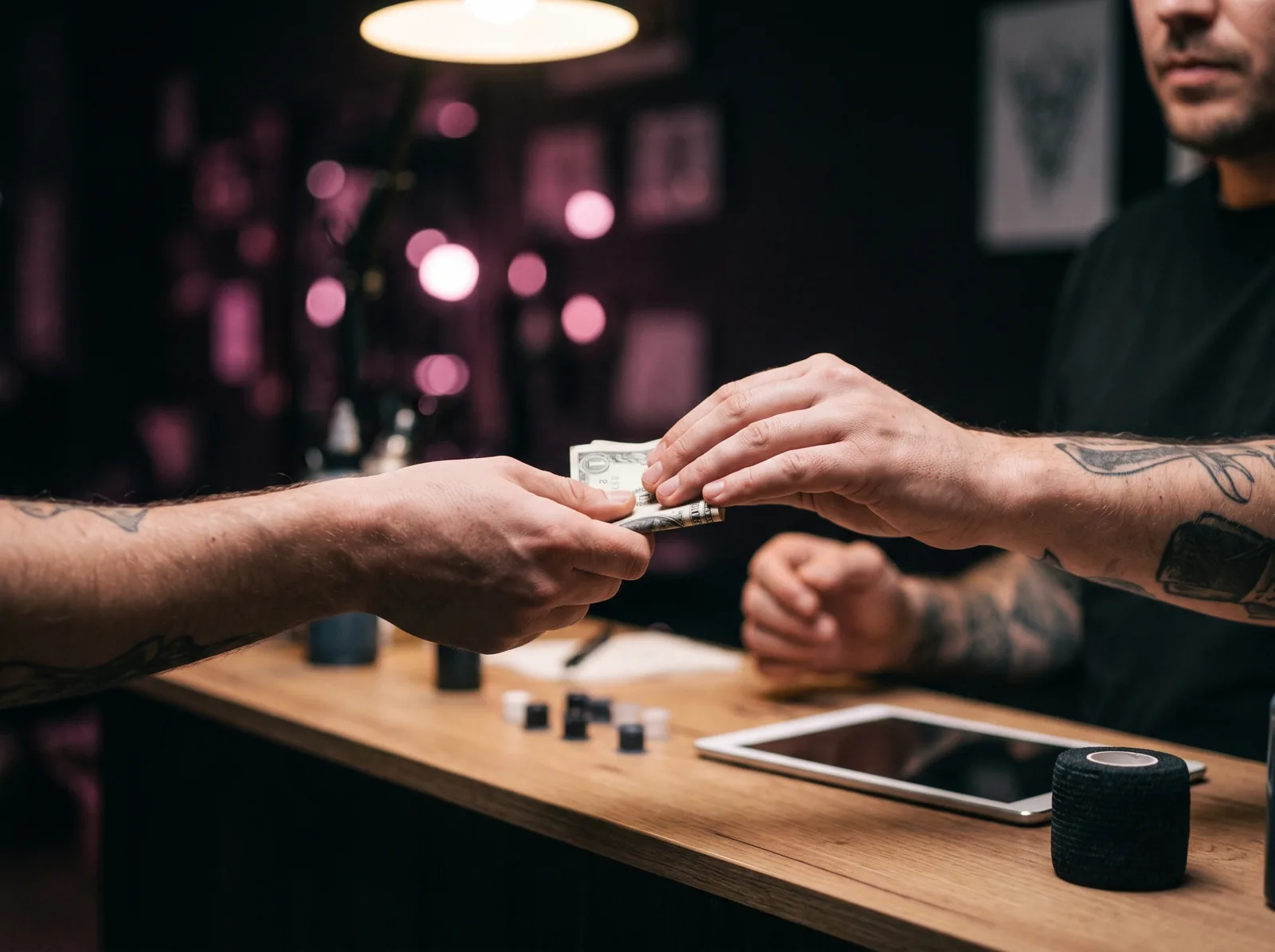 Client handing a cash tip to a tattoo artist at the studio counter after a session