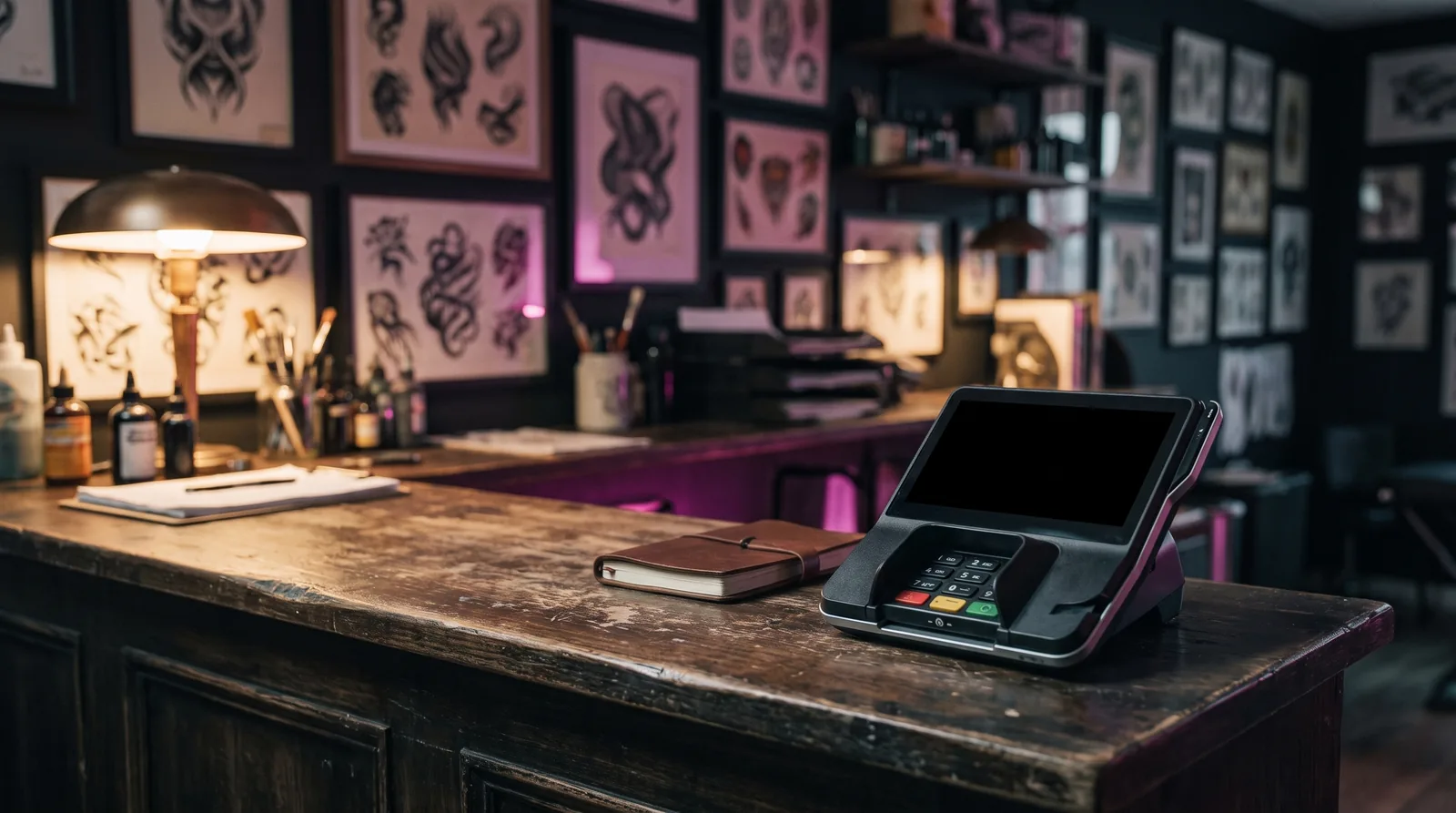 Dark editorial tattoo studio front counter with flash art on the walls