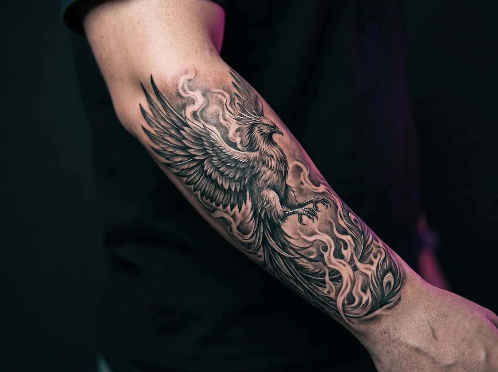 Healed black and grey realism forearm tattoo showing fine highlight detail