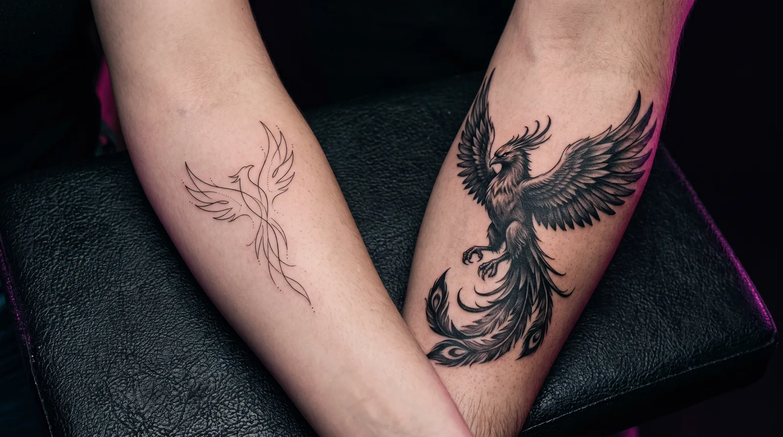Fine-line tattoo style next to a bold black and grey realism tattoo style, side by side