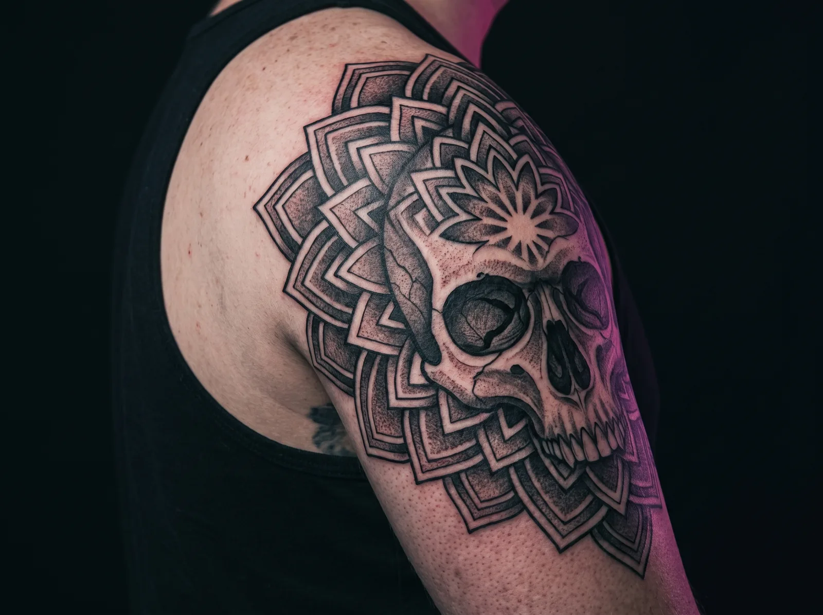 Large black and grey mandala and skull cover-up tattoo, freshly completed