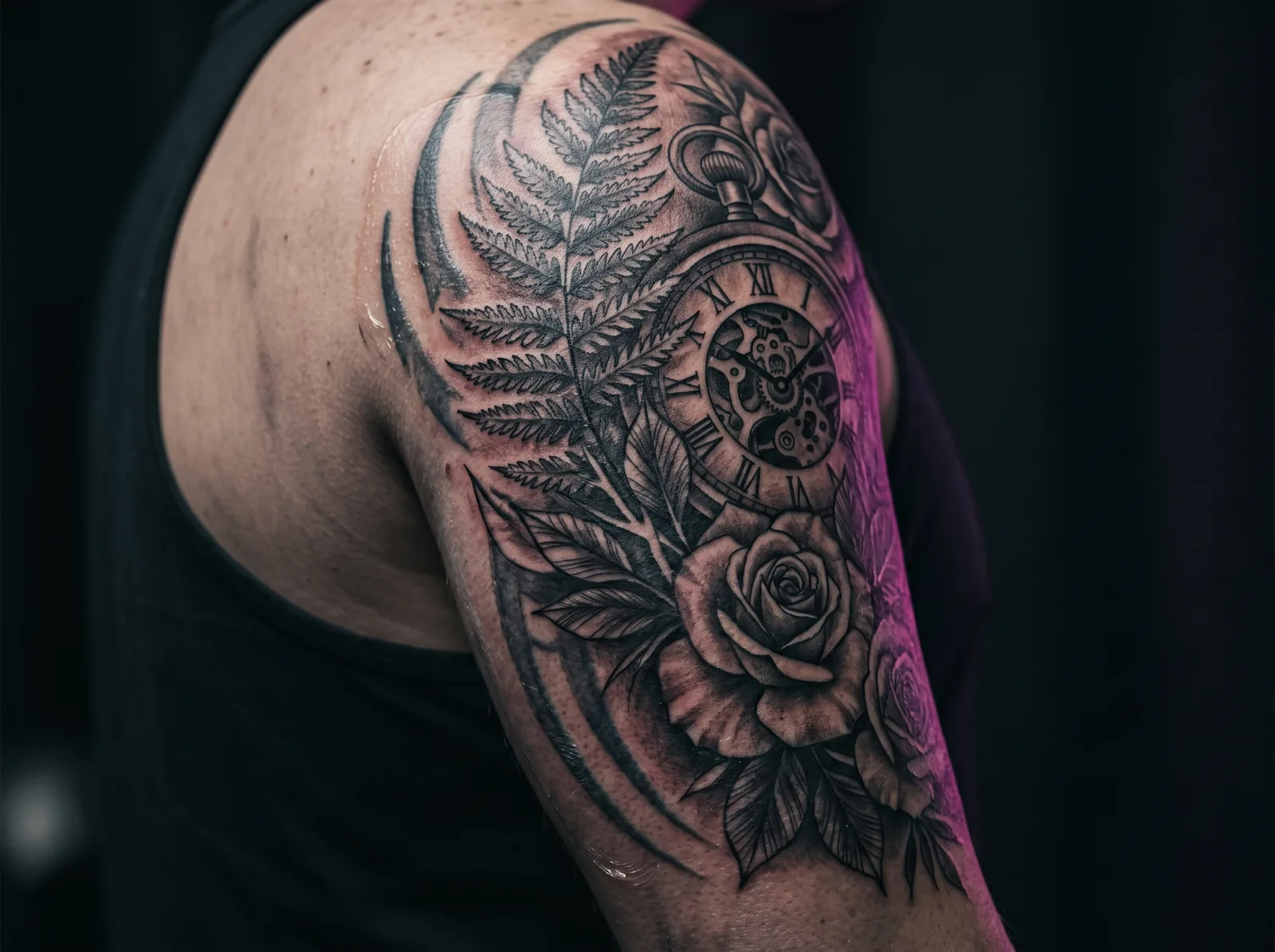 Detailed black and grey botanical sleeve section rebuilt over an old dark tribal piece