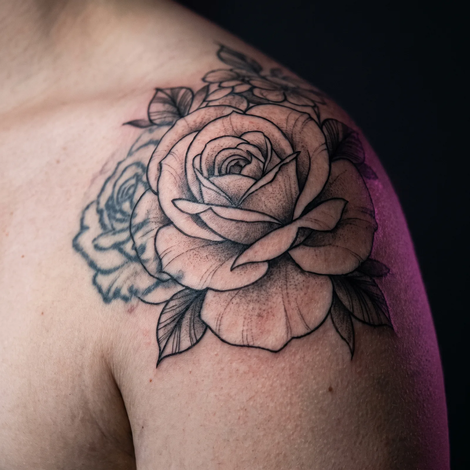 Small faded tattoo folded into a larger new rose design on the same shoulder placement