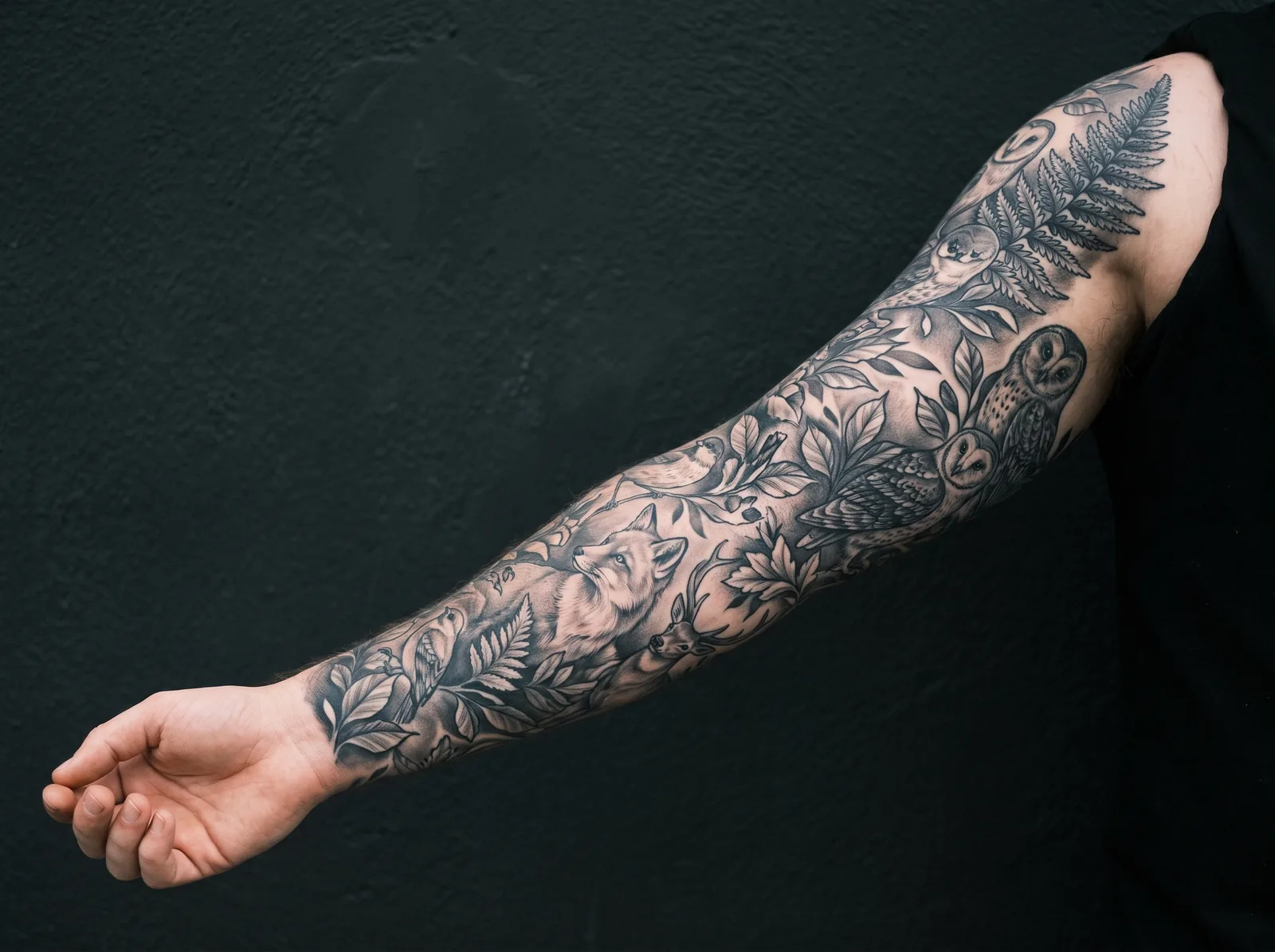 Healed full black and grey nature-themed sleeve tattoo in natural light