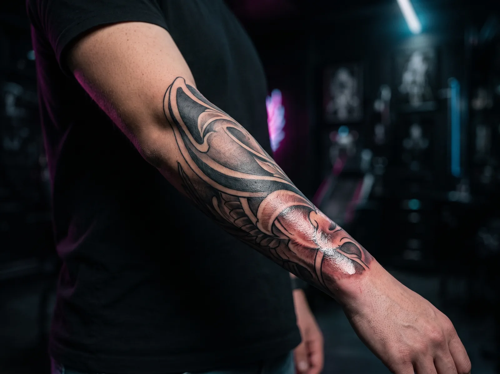 Sleeve tattoo section showing the natural healing progression between sessions