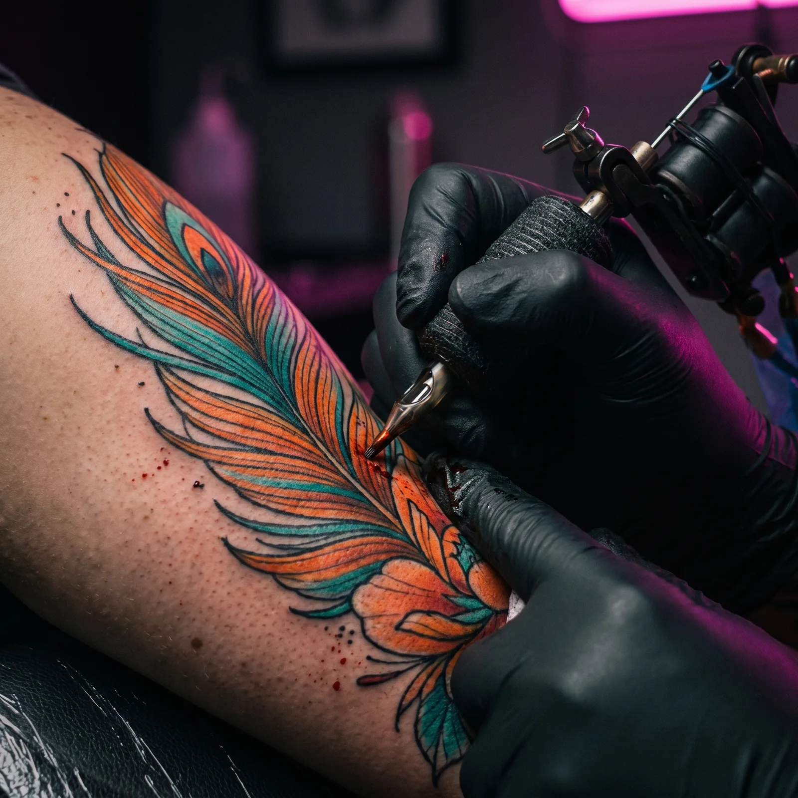 Color saturation being built up in layers on a mid-sleeve feather panel