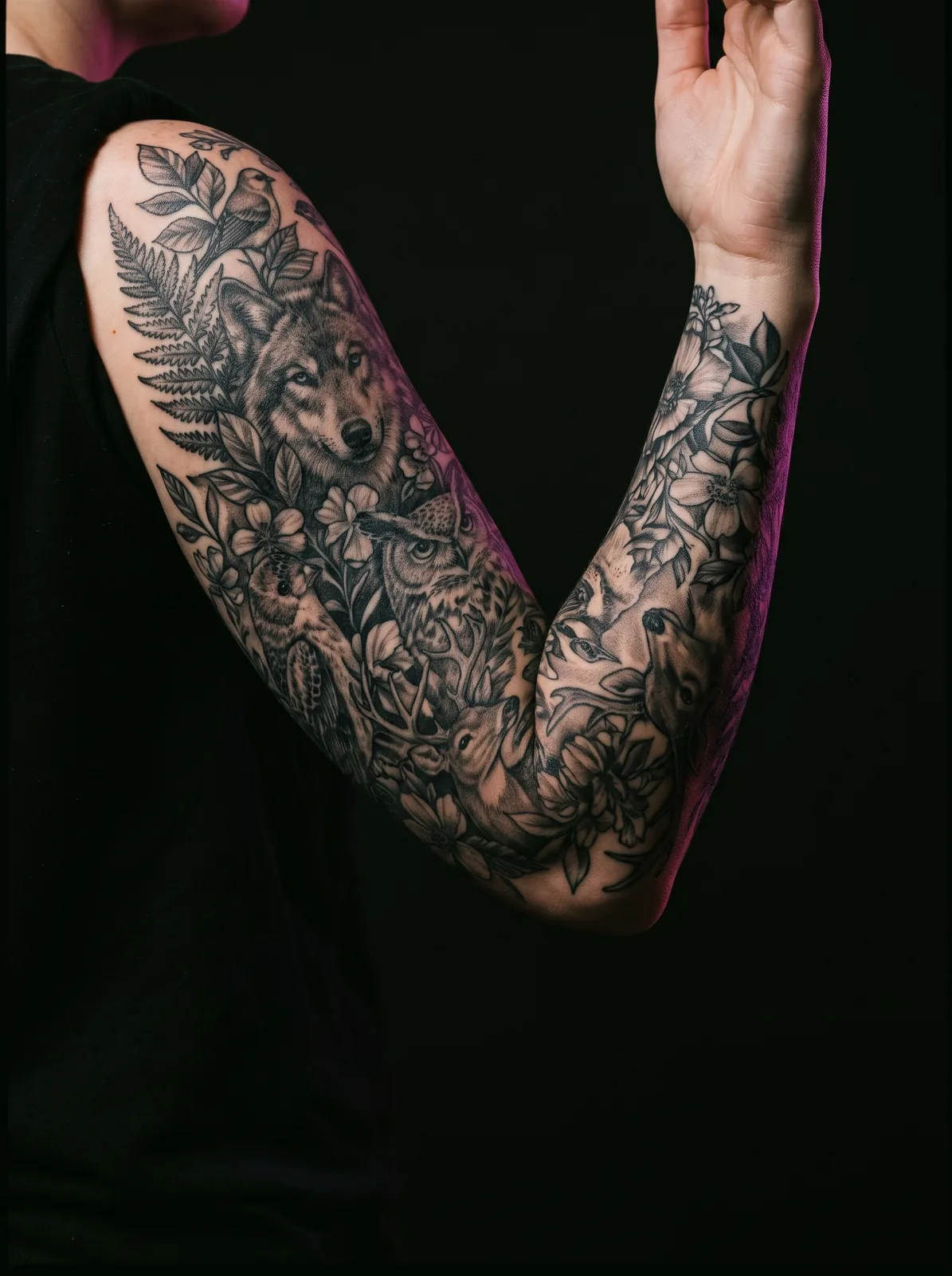 Completed, healed full sleeve tattoo photographed top to bottom