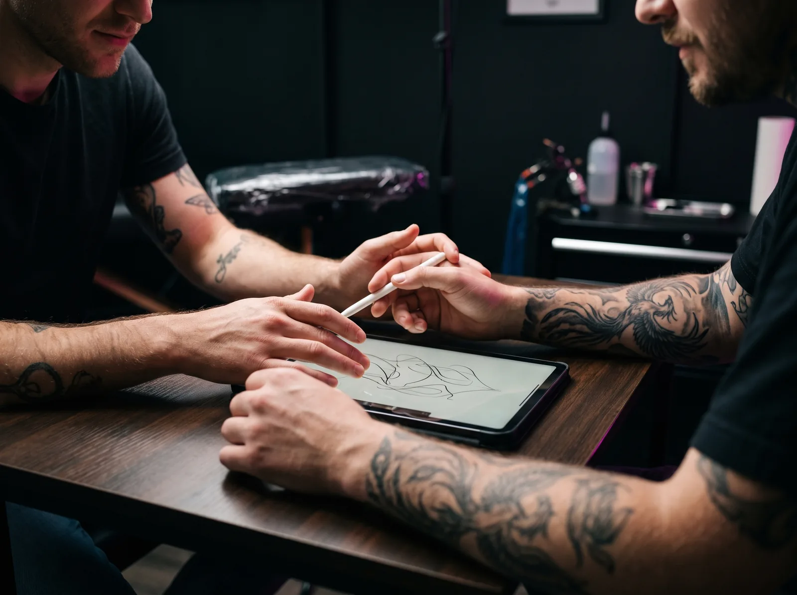 Client and tattoo artist reviewing a design sketch on a tablet before a session