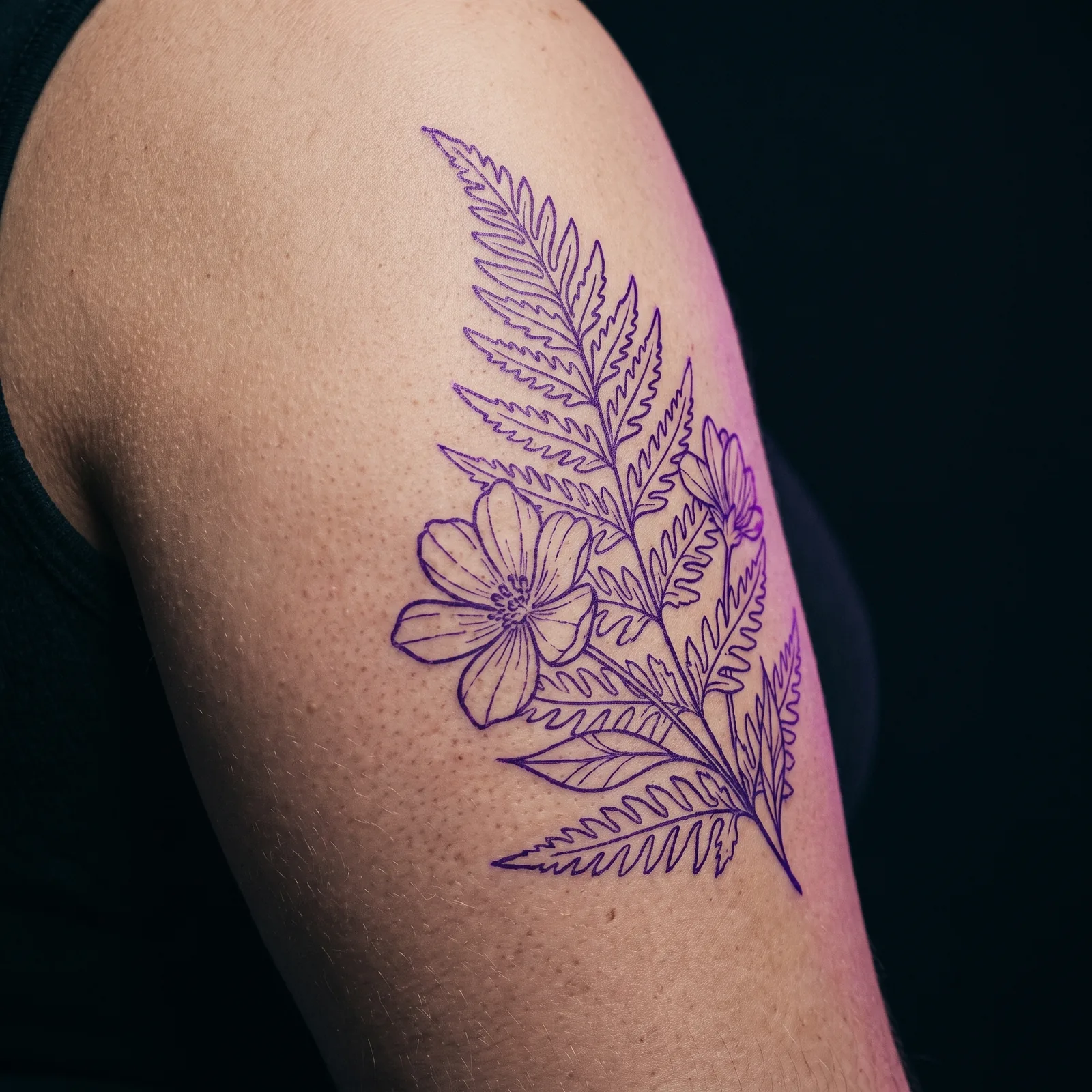 Fresh botanical tattoo stencil transfer applied to skin before the session begins