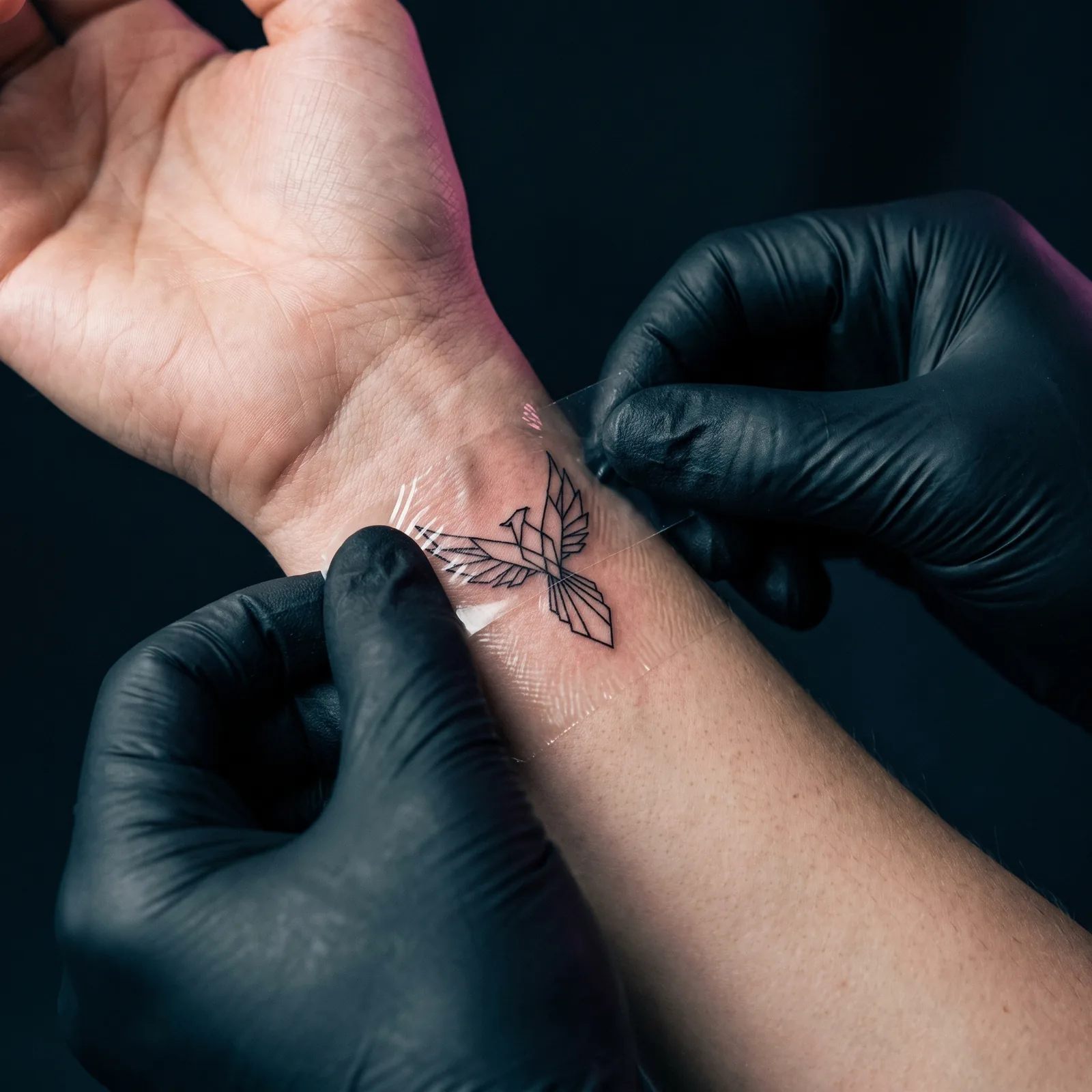 Freshly finished small tattoo being gently bandaged