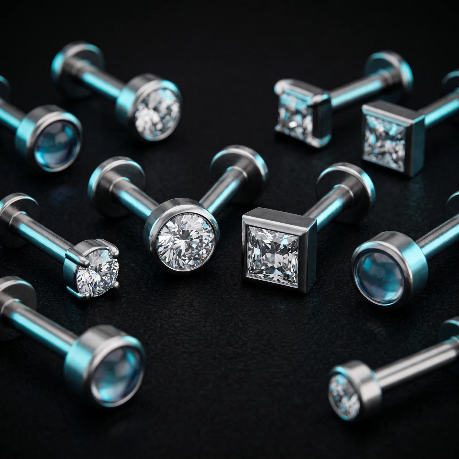 Macro shot of implant-grade titanium flat-back stud jewelry