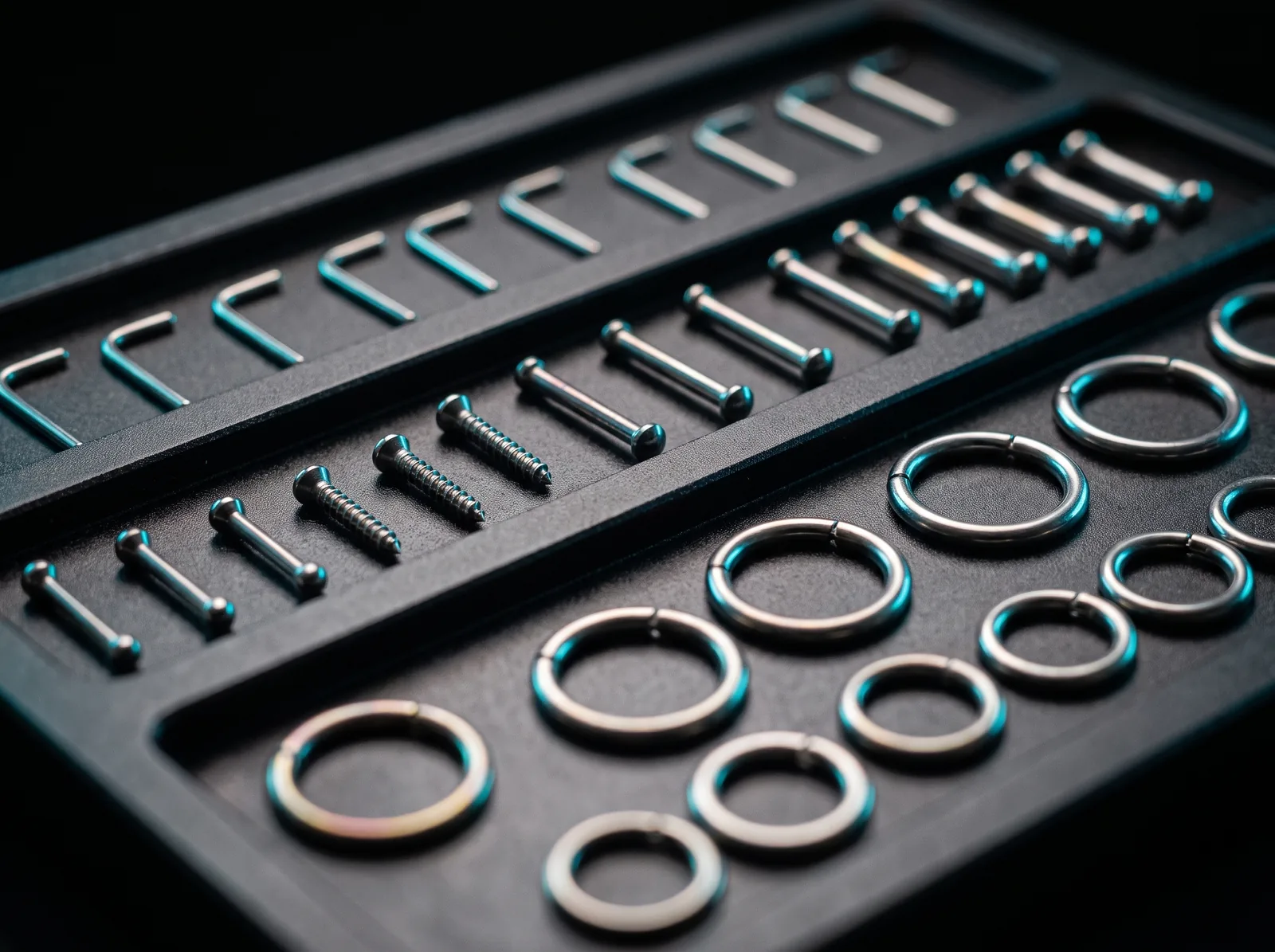 Piercer's tray with titanium nose studs and hinged segment rings