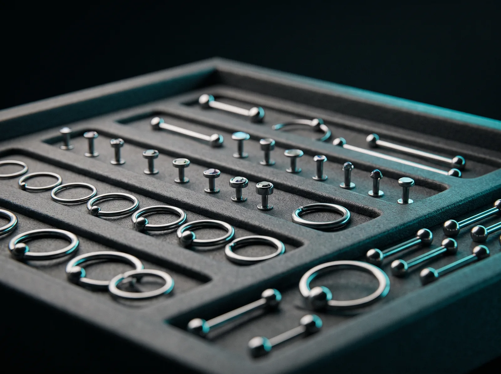 Display tray of implant-grade titanium piercing jewelry in a range of sizes