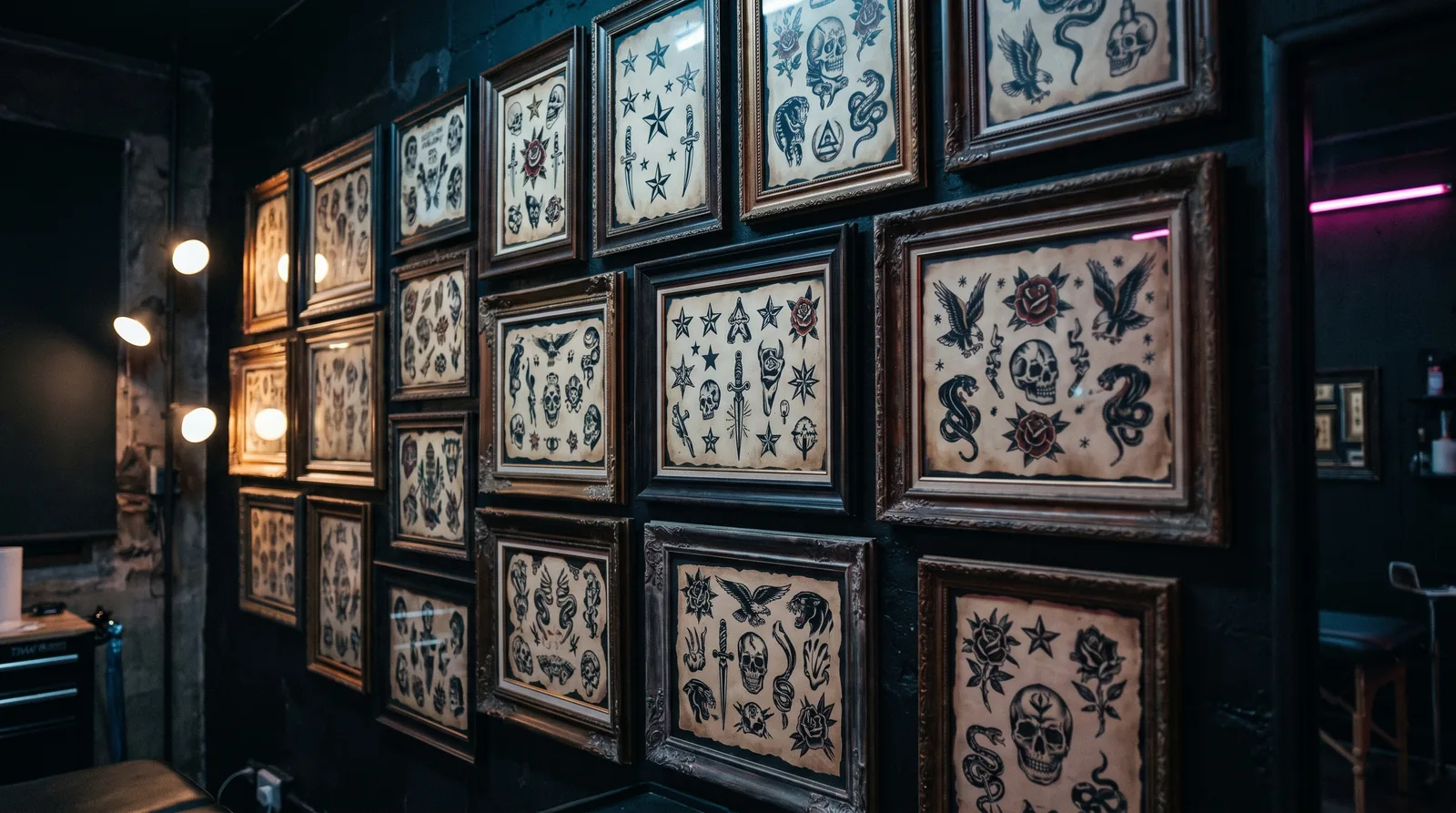 Wall of framed traditional flash tattoo designs available for walk-ins