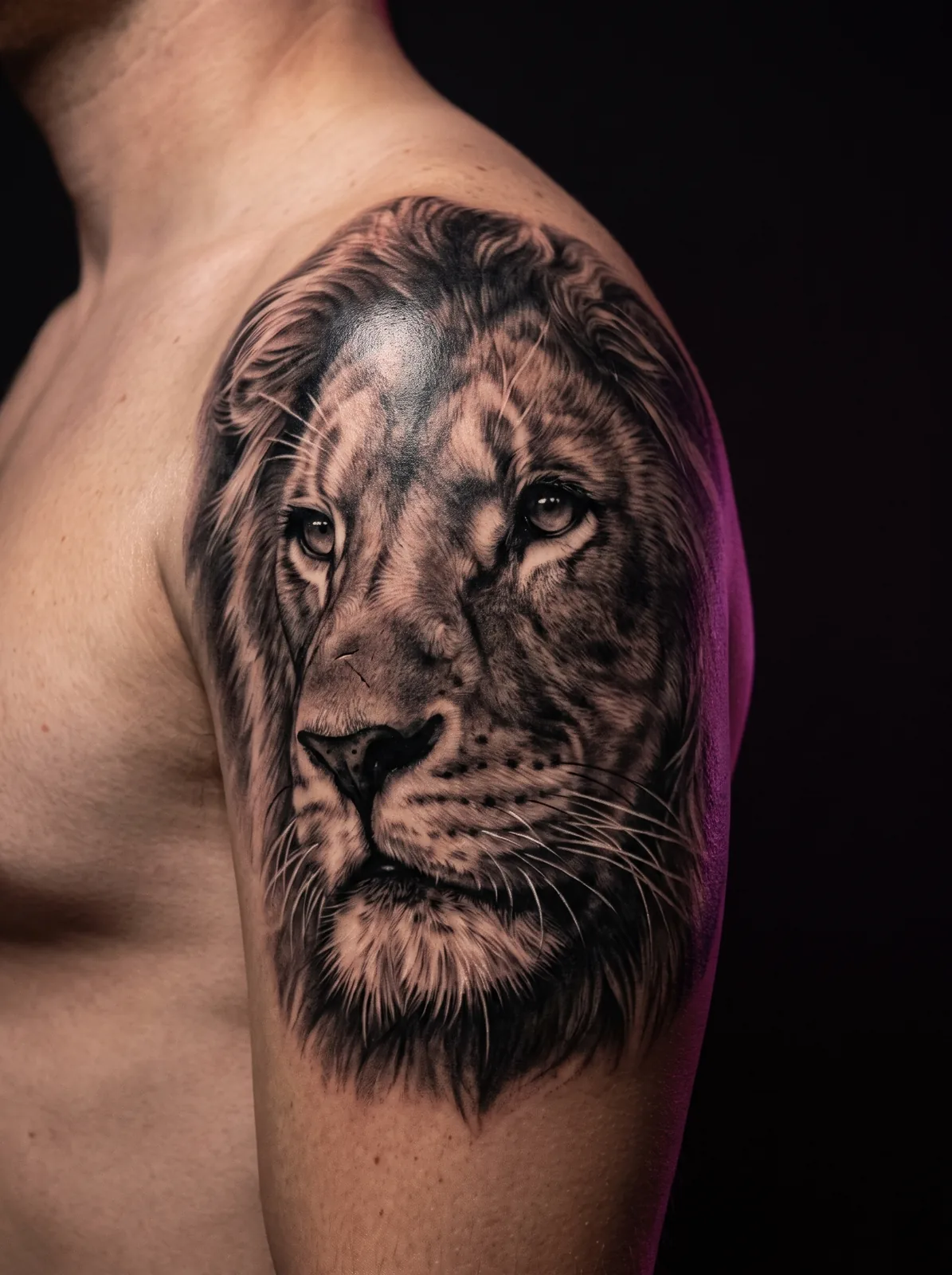 Healed black and grey realism tattoo of a lion's face on a shoulder, high contrast shading