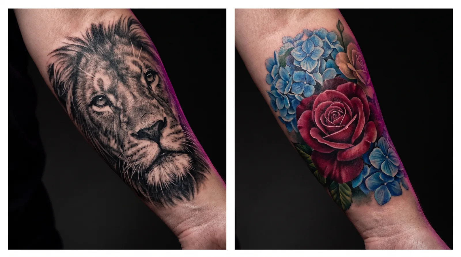 Side-by-side comparison of black and grey shading technique and color blending technique on two forearms