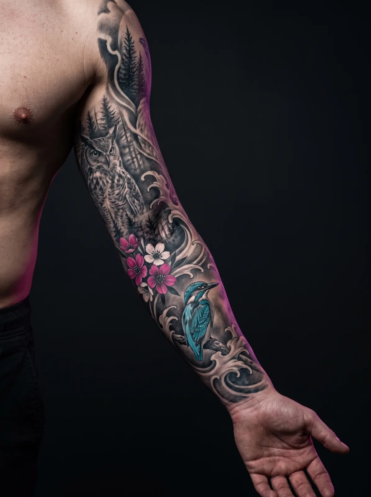 Full realism tattoo sleeve mixing black and grey shading with color-accented details