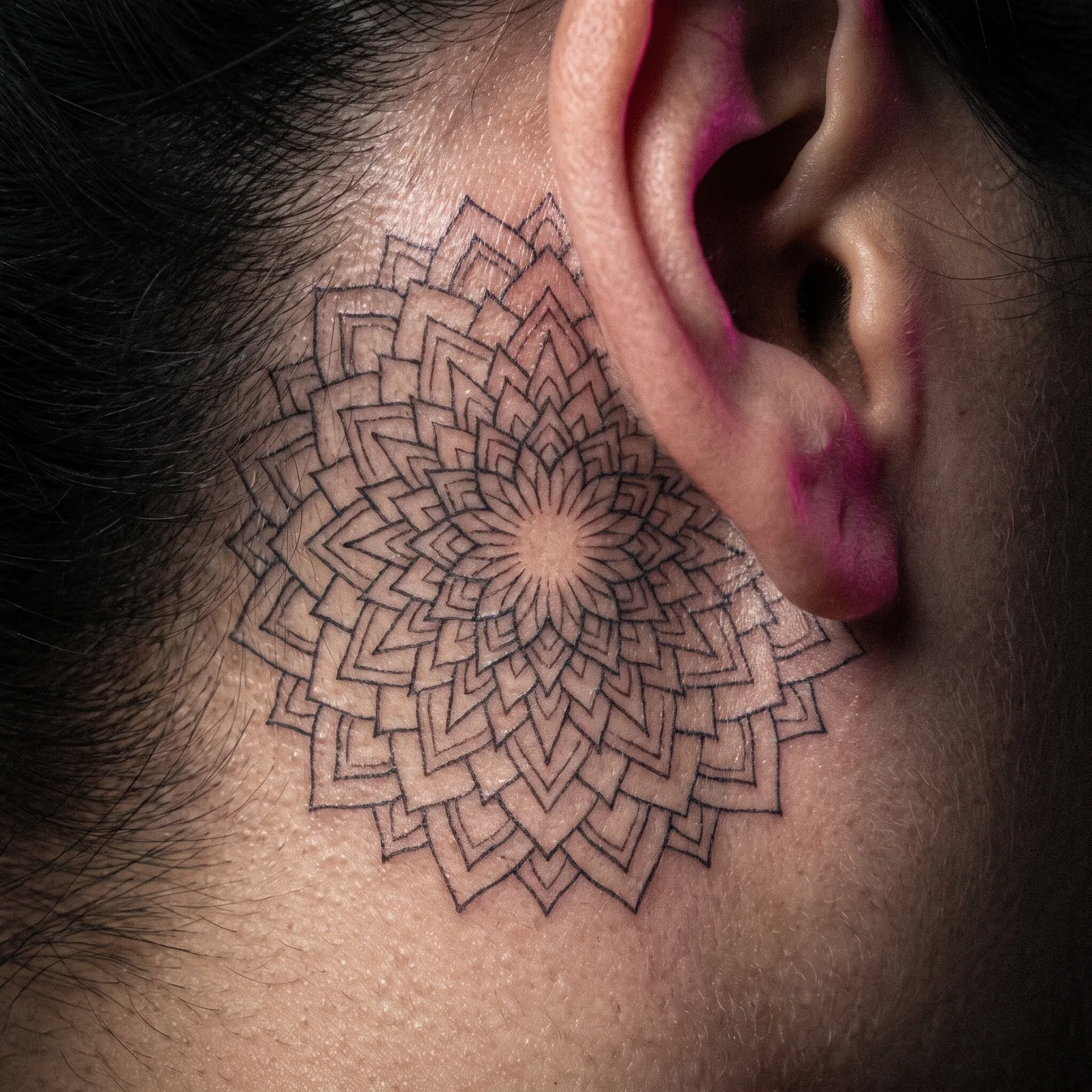Detail of a fine-line mandala tattoo behind the ear showing single-needle geometric linework