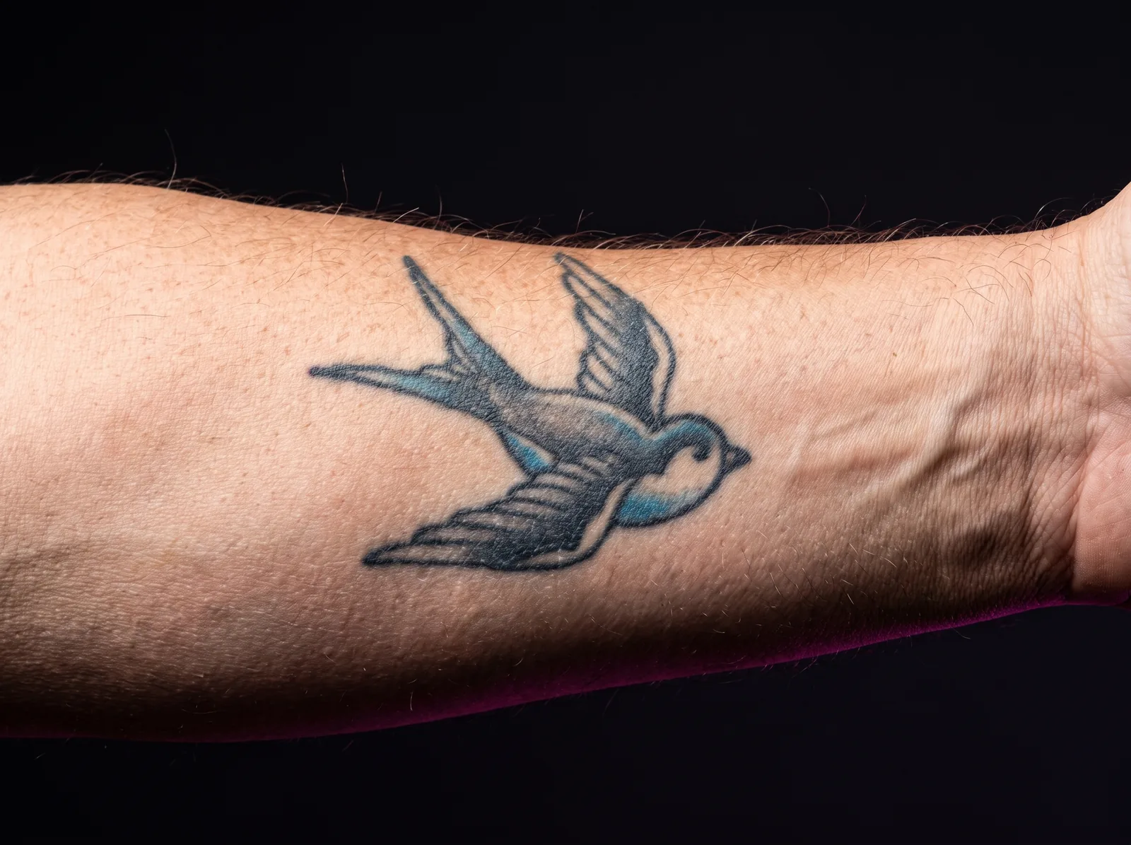 A faded older swallow tattoo on a forearm, shown neutrally