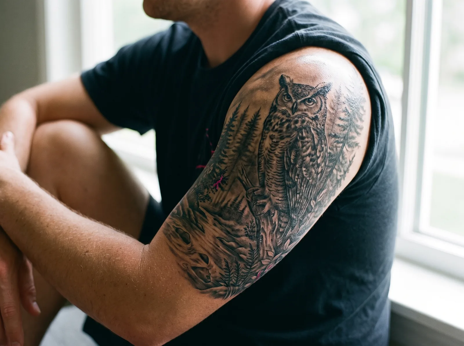 Healed large-scale black and grey nature scene tattoo on a shoulder, photographed in natural window light