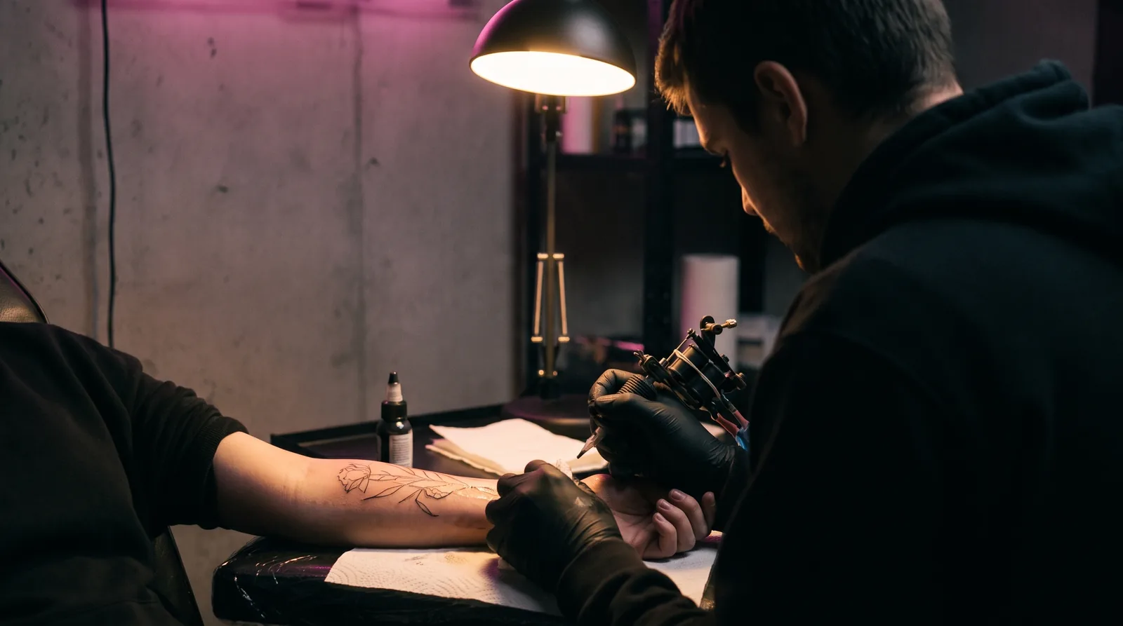 Tattoo artist working late in the evening under focused lamp light