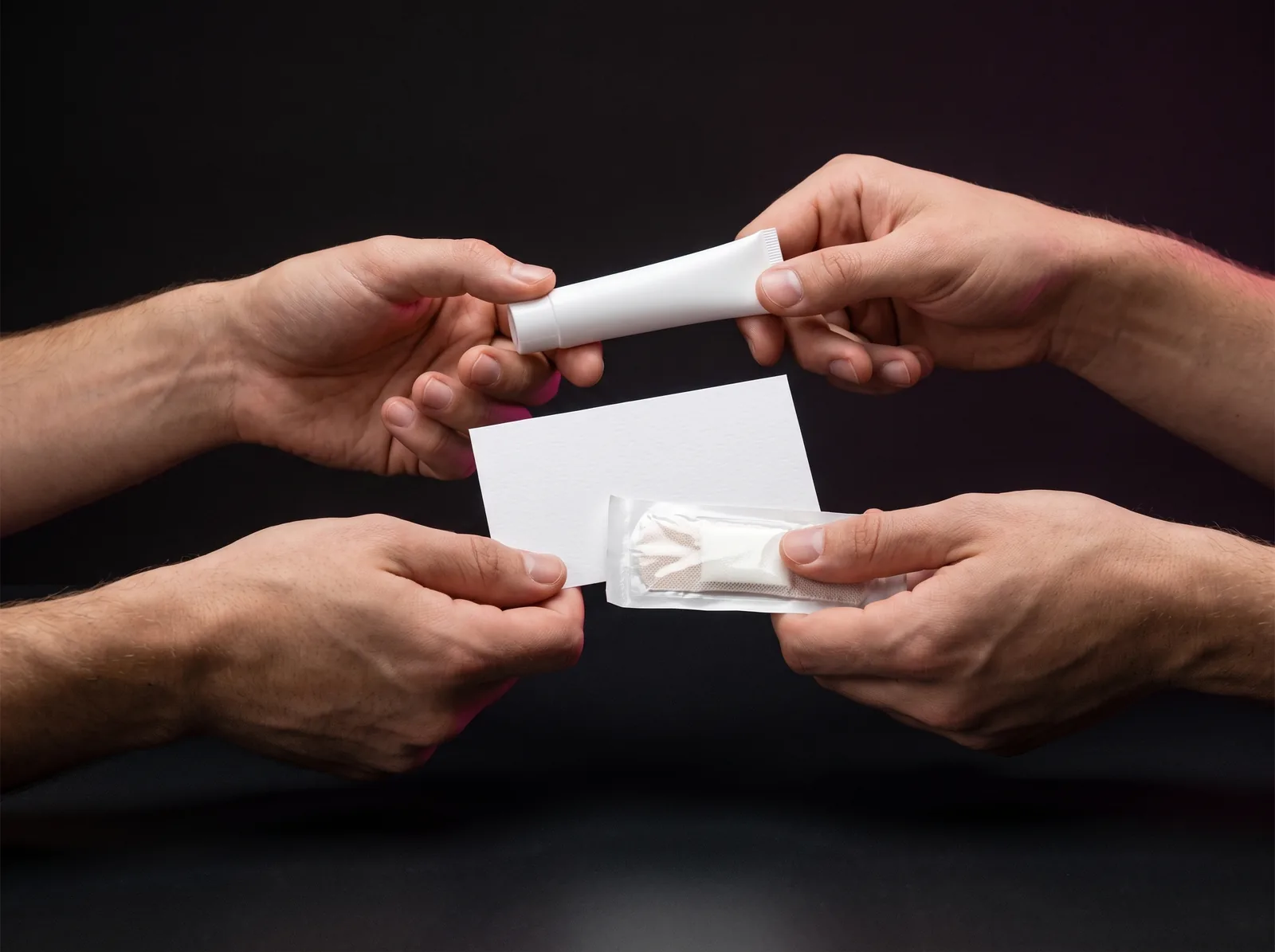 Hands exchanging a small aftercare kit and written care card across a counter