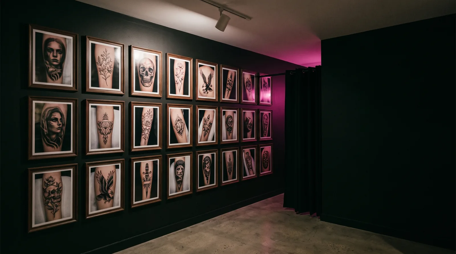 Wall-mounted portfolio display of healed tattoo photographs at a studio