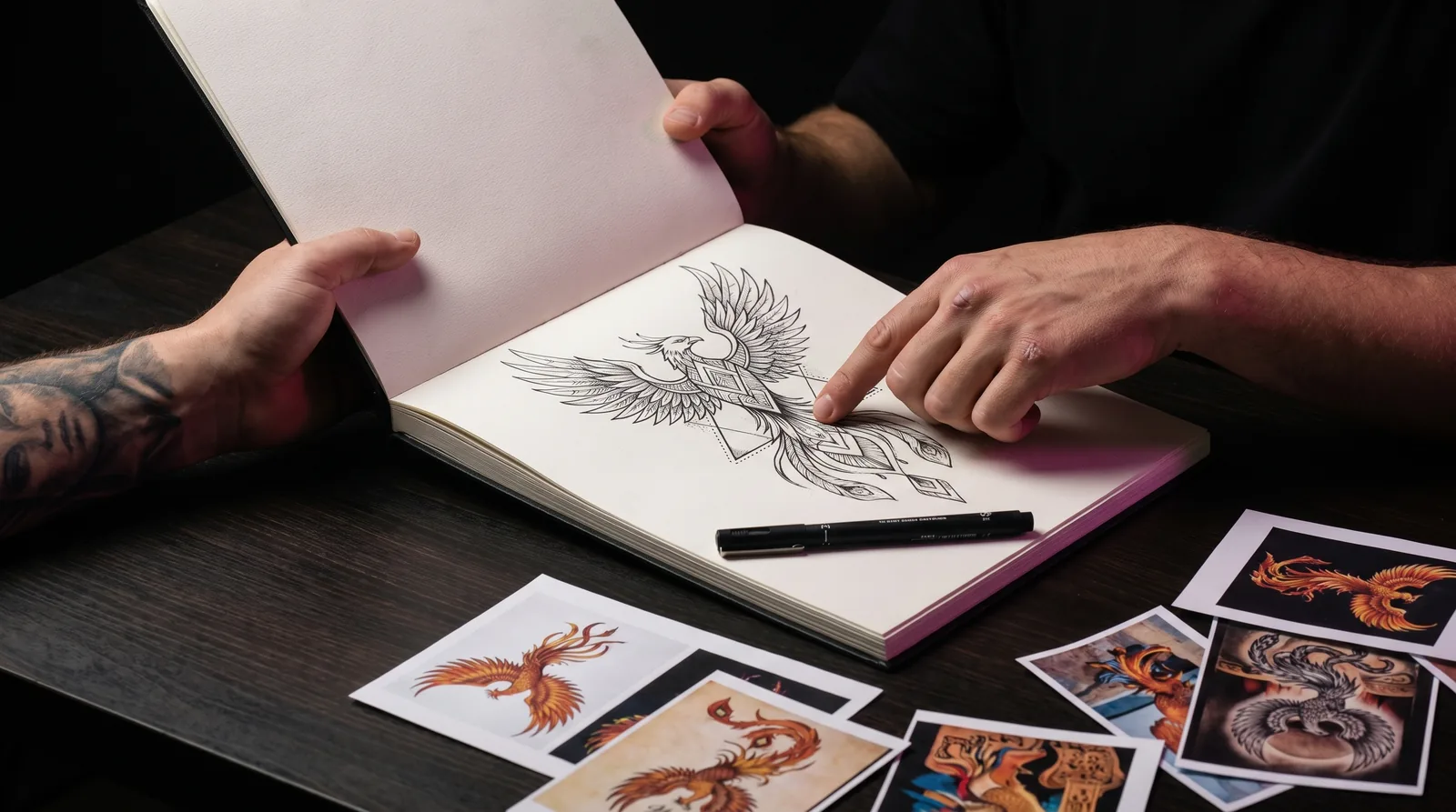 Hand-drawn tattoo design in a sketchbook with reference photos on a consultation table